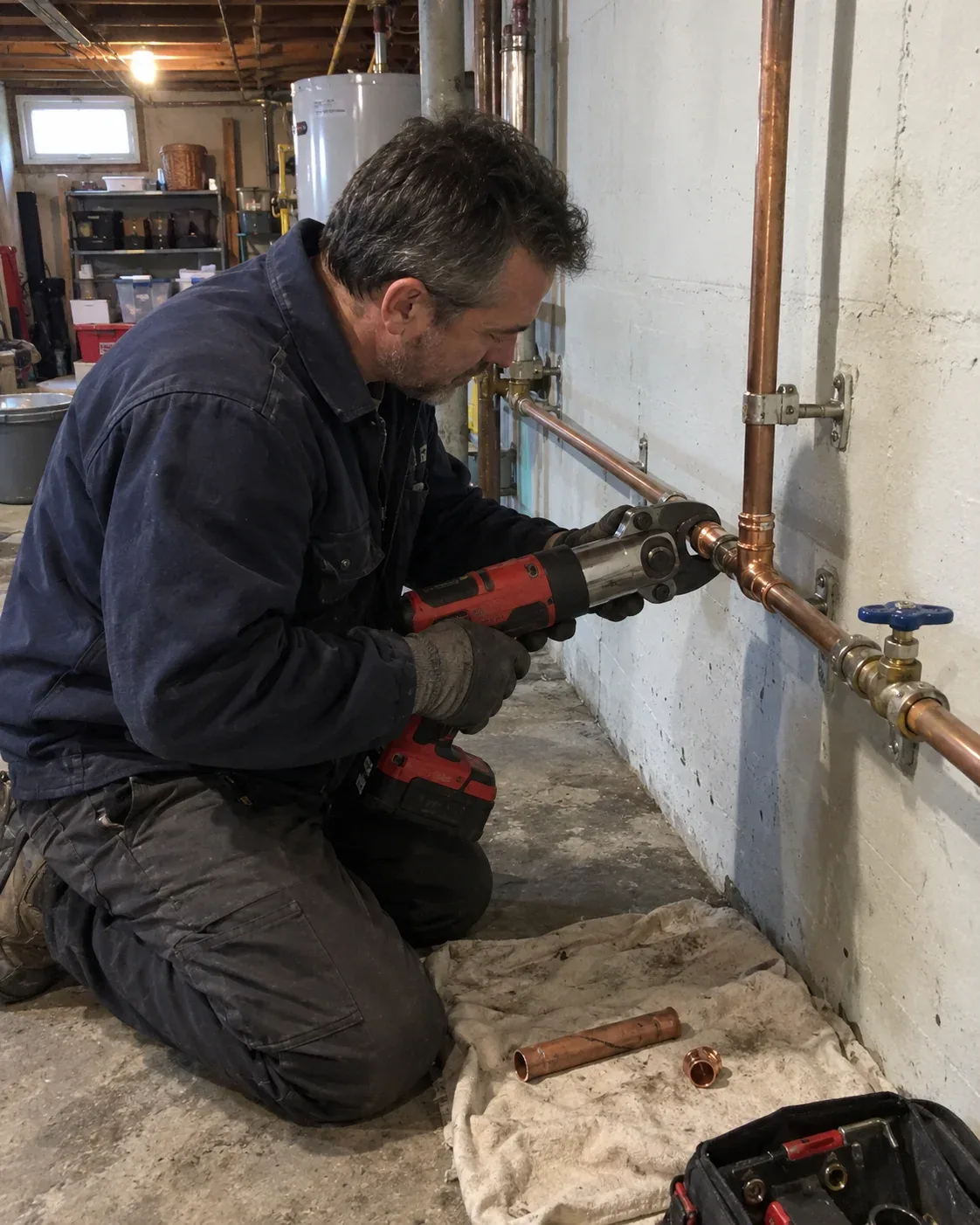 Plumber repairing a frozen pipe in an Ottawa home