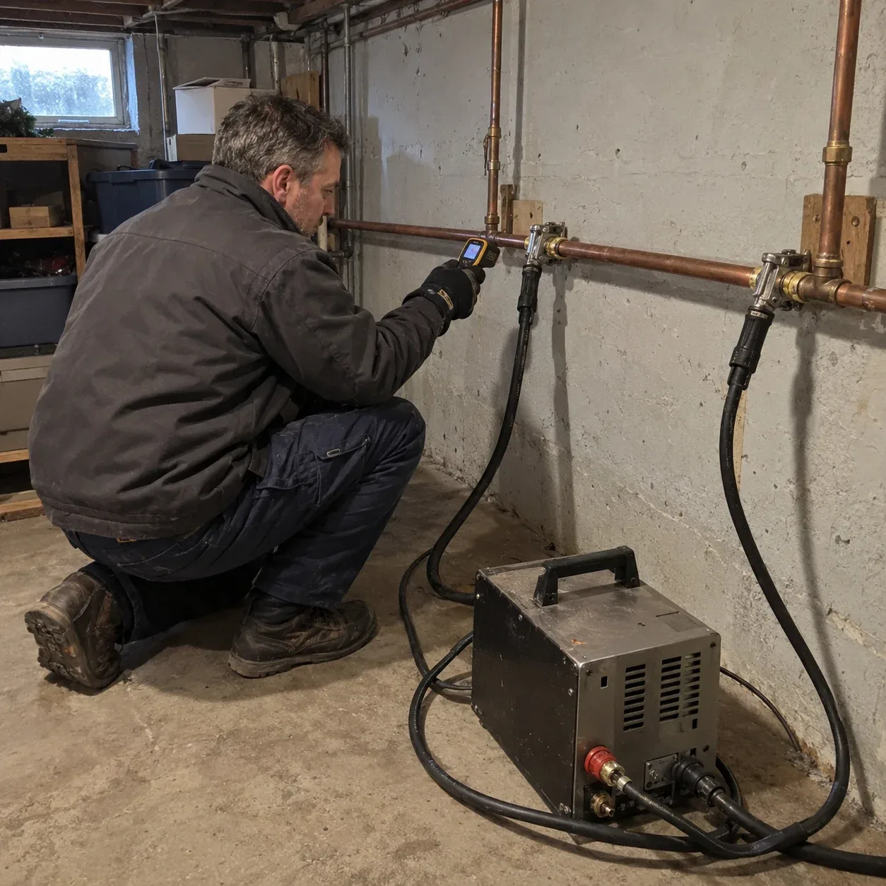 Professional technician using specialized pipe thawing equipment on a frozen copper water line in an Ottawa basement