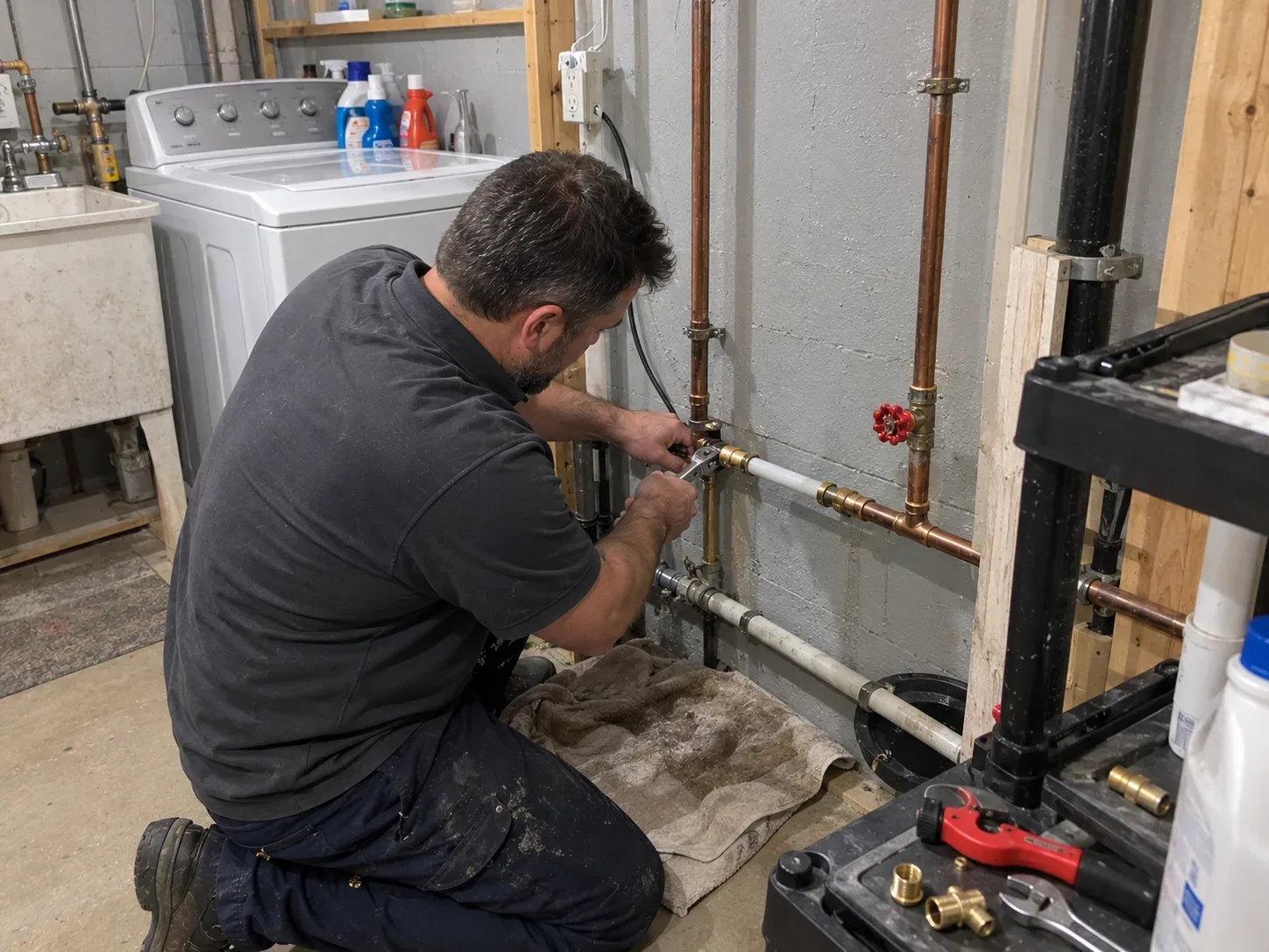 Emergency plumber repairing copper water pipes in an Ottawa basement