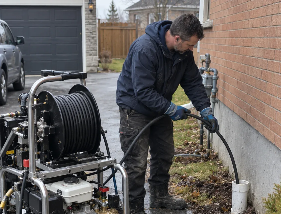 Plumber hydro jetting a sewer line in Ottawa