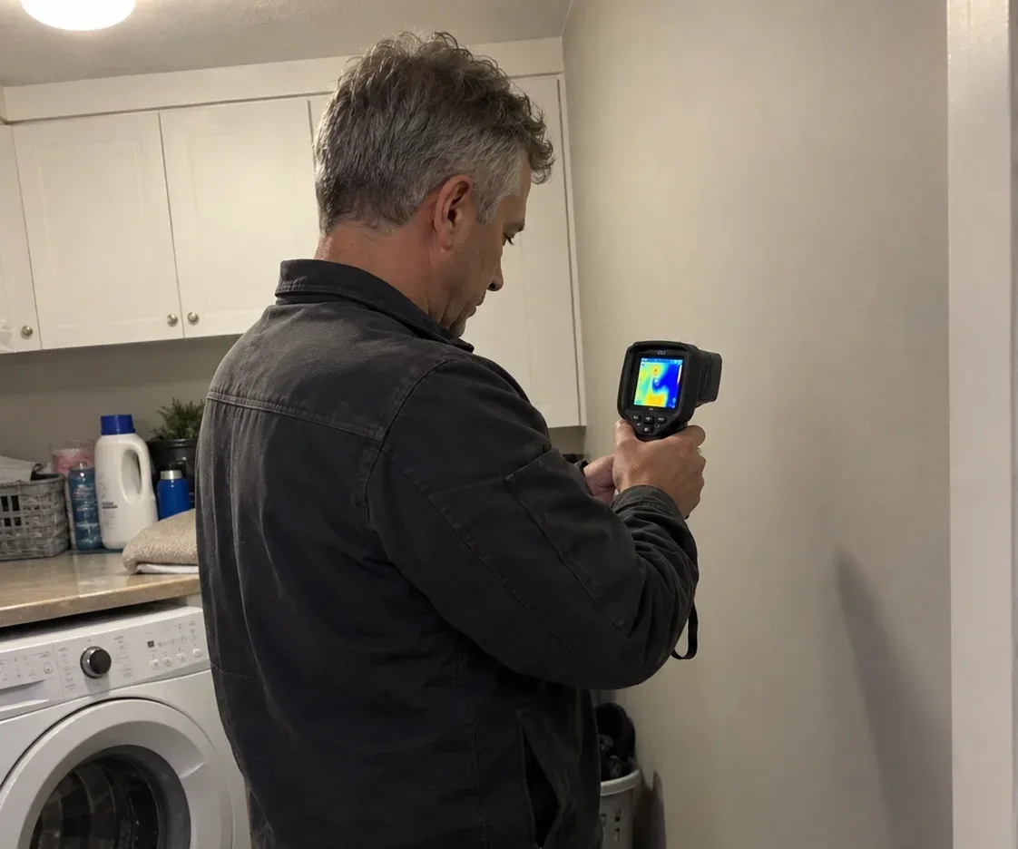 Technician using a thermal imaging camera to inspect a hidden water leak in an Ottawa laundry room