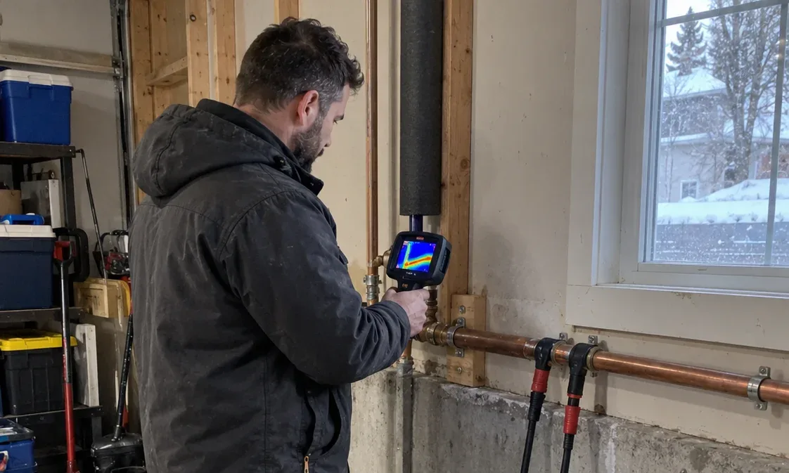 Technician inspecting a frozen copper water pipe with professional equipment in an Ottawa garage